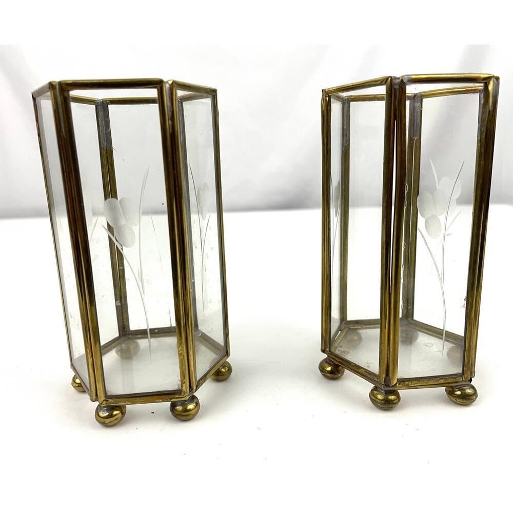 VTG Mini Brass Etched Glass‎ Lantern Candle Holder Display Lot of 2